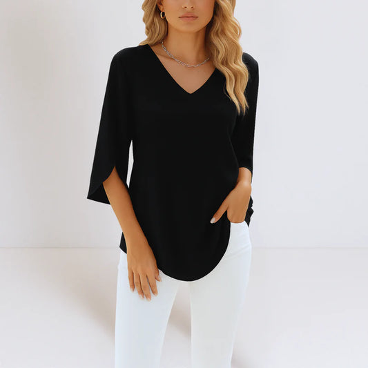 Nora | Elegante blusa con escote en pico y mangas con abertura